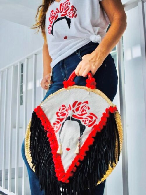 Bolso Capazo de rafia redondo con imagen de frida kahlo