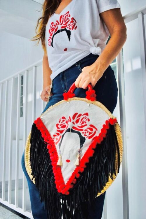 Bolso Capazo de rafia redondo con imagen de frida kahlo